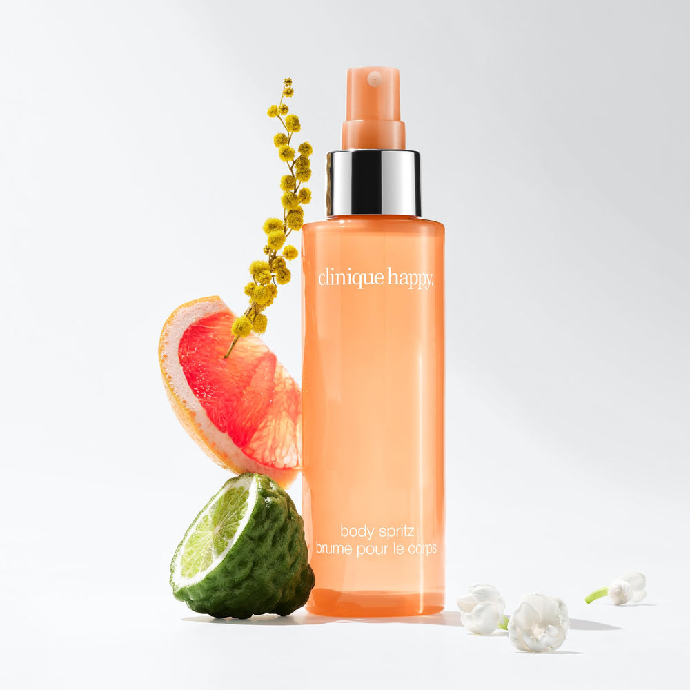 Clinique Happy Body Spritz featuring Hawaiian wedding flower for a floral uplift.