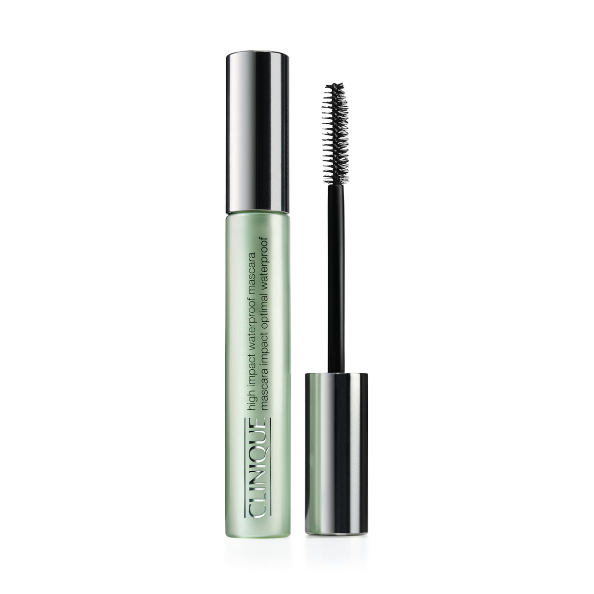 Clinique High Impact Waterproof Mascara tube closeup showing sleek packaging and long-wearing formula