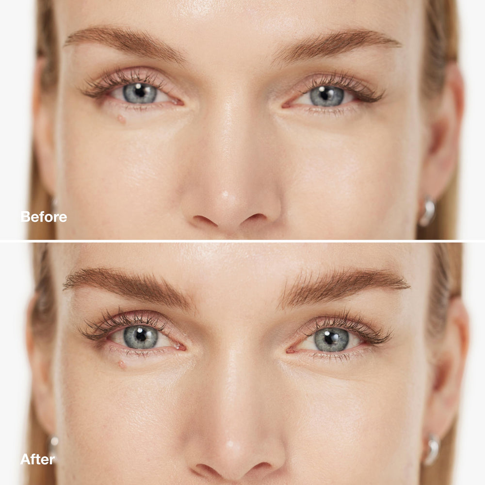 Clinique Just Browsing brow gel demonstrating smudge-proof wear on brows.