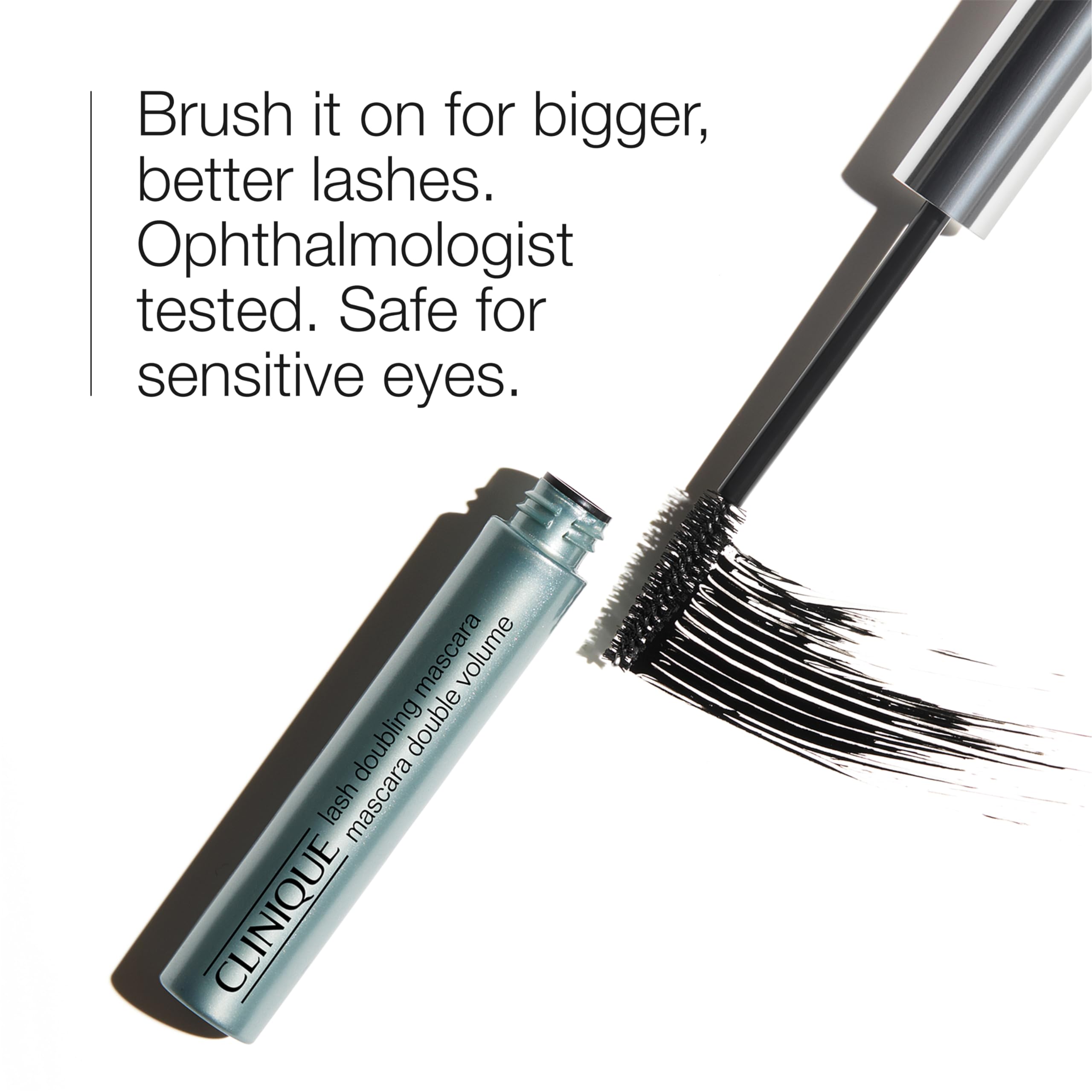 Clinique Lash Doubling Mascara wand application showing lash separation and length.
