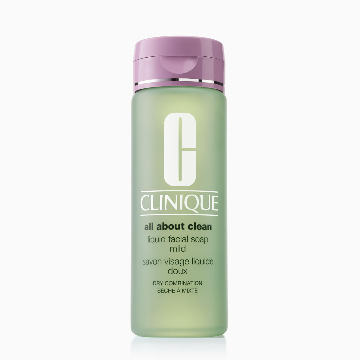 Clinique Liquid Facial Soap bottle with gentle pour showing mild cleansing for Step 1.