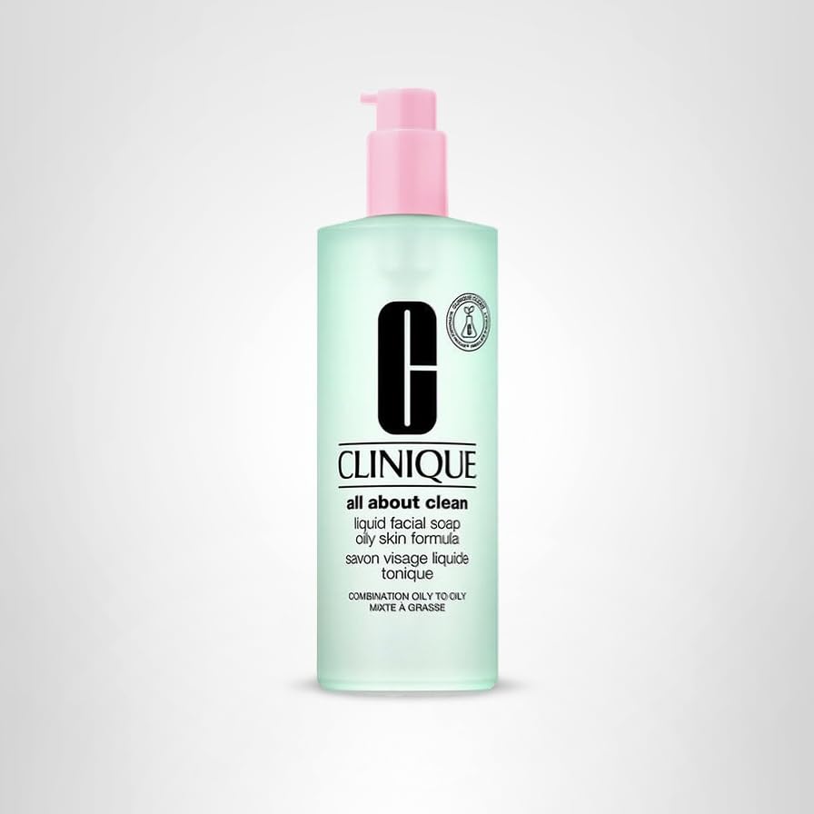Clinique Liquid Facial Soap label with usage notes and skin-type options.