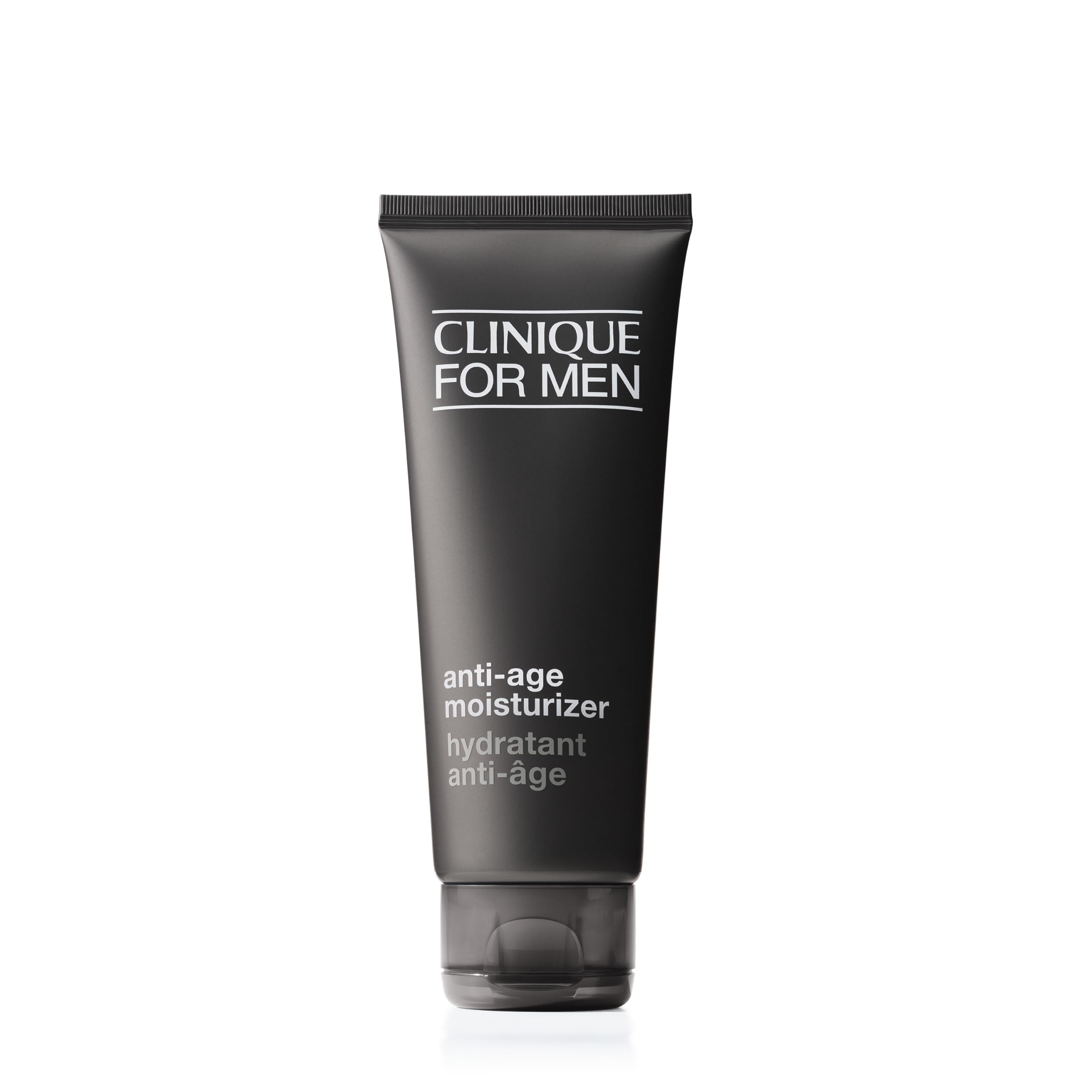 Clinique For Men daily anti-age moisturizer bottle showing smooth, hydrated skin use case.
