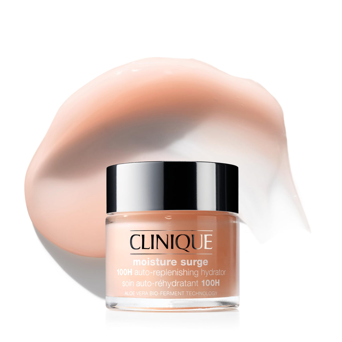 Clinique Moisture Surge 100H bottle pour demonstrates instant hydration for busy mornings.