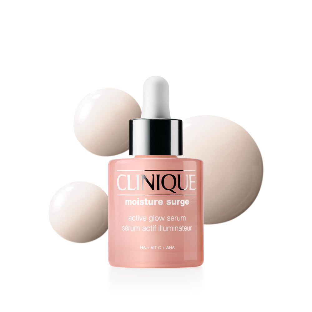 Clinique Moisture Surge Active Glow Serum bottle closeup with milky texture for hydration