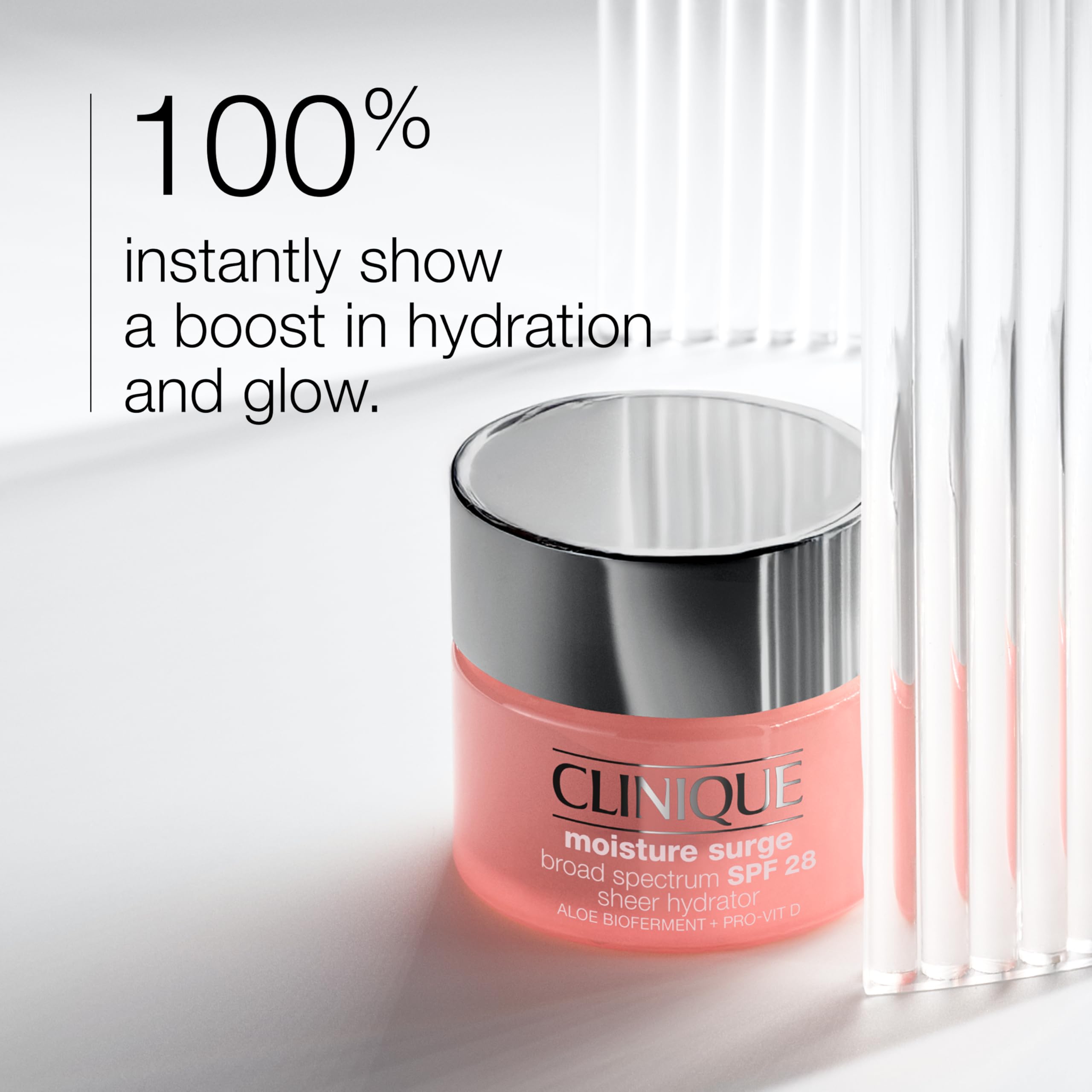 Clinique Moisture Surge SPF 28 packaging on a clean vanity for daily use