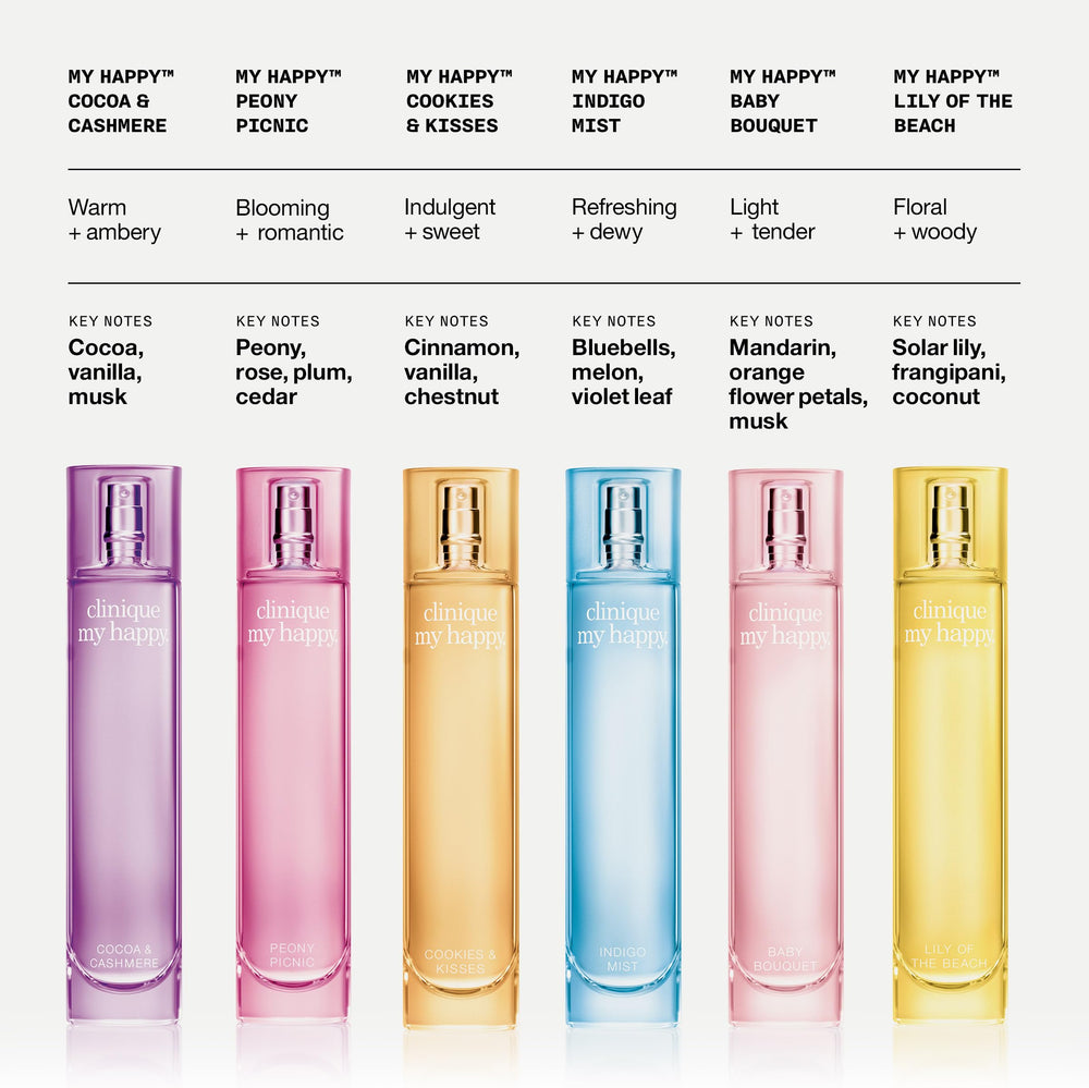 Clinique My Happy Baby Bouquet bottle pour offers tender, uplifting scent moments.