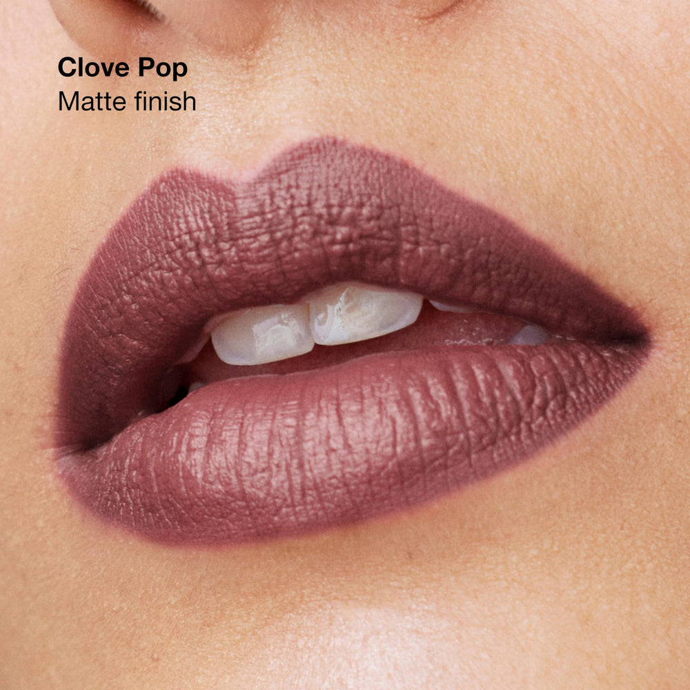 Clinique Pop Longwear Lipstick Clove Pop satin shade for versatile day-to-night looks.