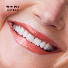 Clinique Pop Longwear Lipstick Melon Pop satin finish on lips for smooth wear