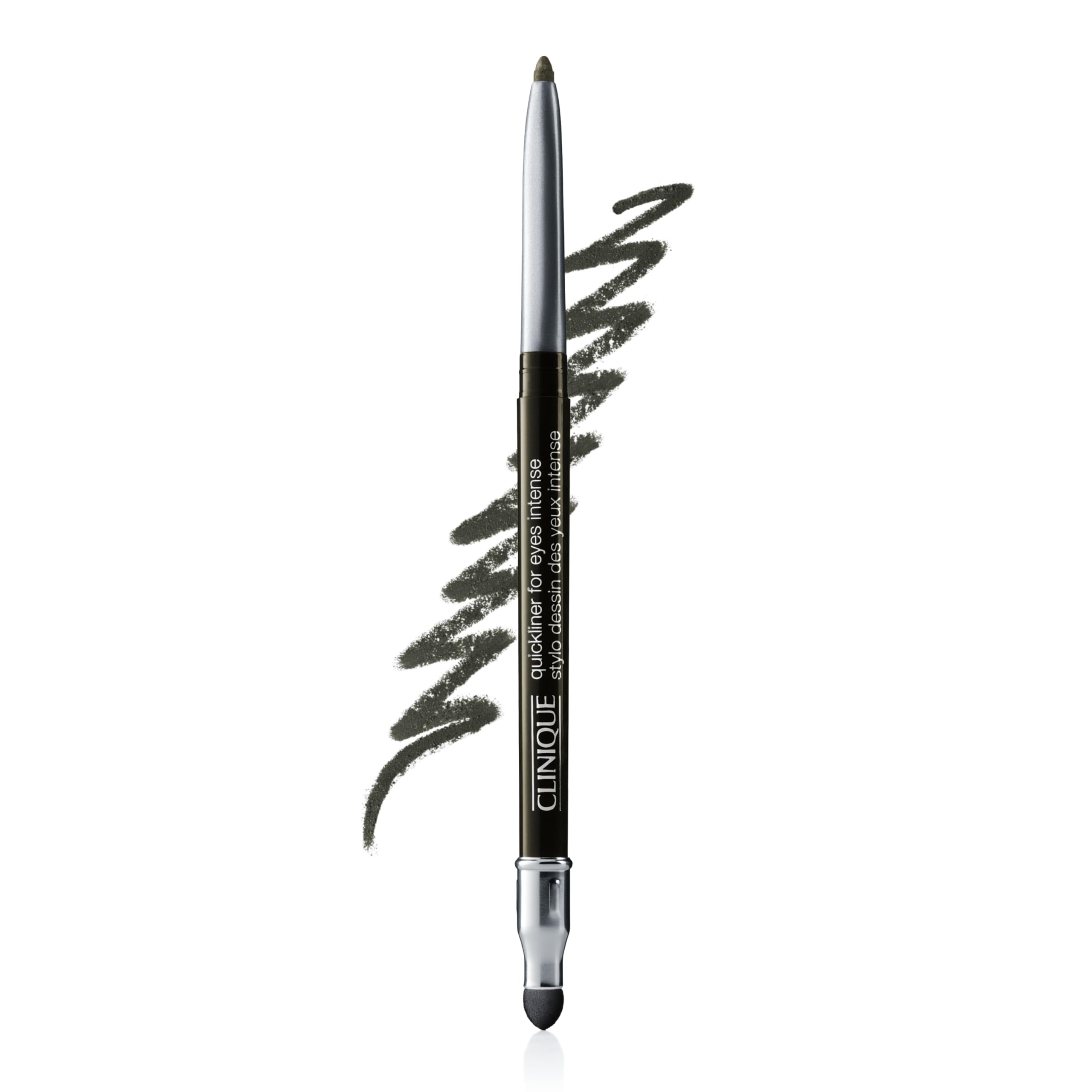 Clinique Quickliner For Eyes Intense Ivy pencil close-up shows rich color payoff and long wear.