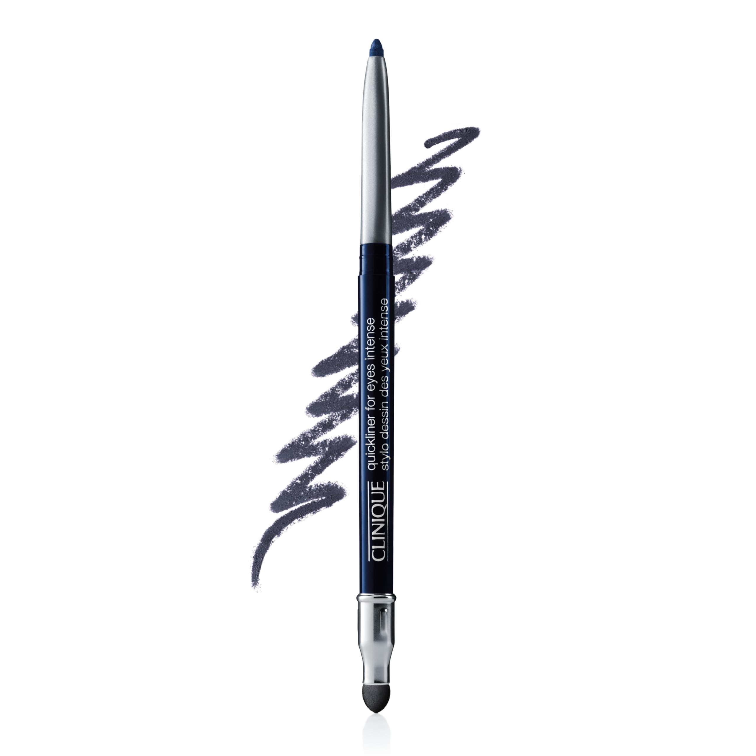 Clinique Quickliner Eyes Intense Midnight pencil swatch showing rich color payoff for precise lining.
