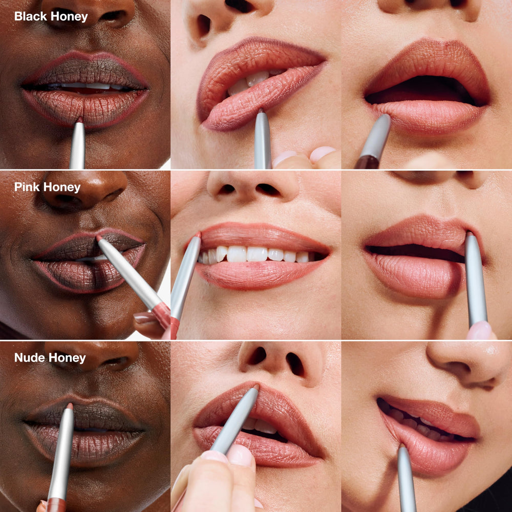 Clinique Quickliner Nude Honey on lips enhances color depth before lipstick.