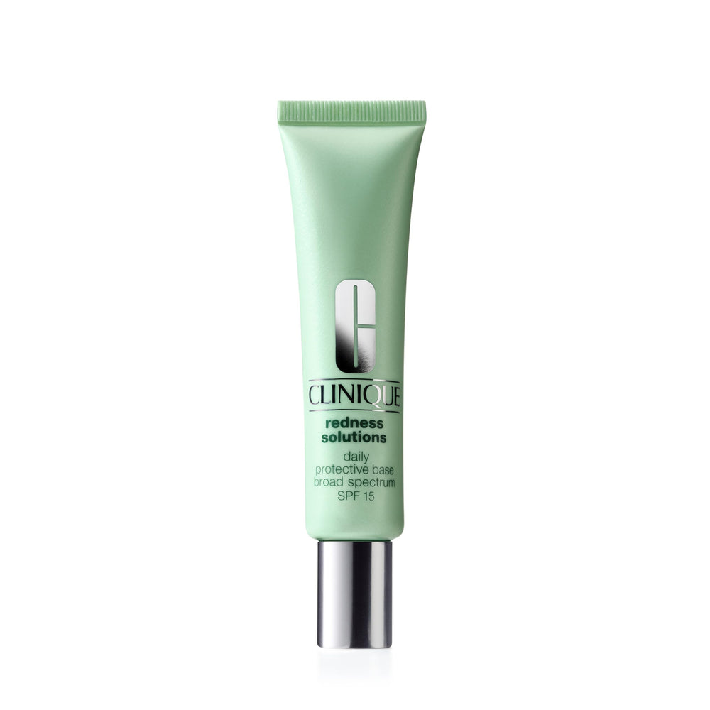 Clinique Redness Solutions base in a bottle with green tint for redness correction and SPF protection.