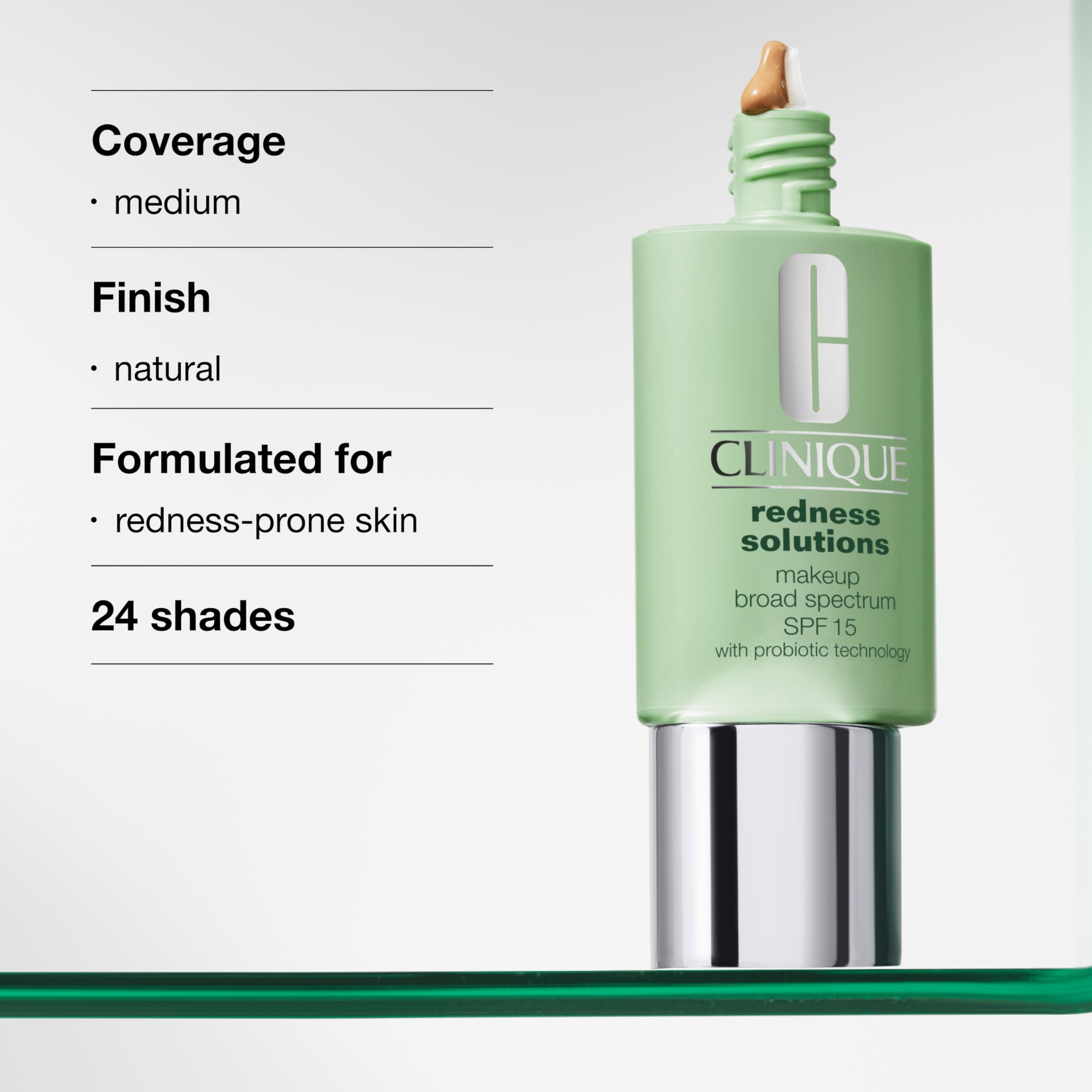 Clinique Redness Solutions foundation natural finish on the face for a seamless look.