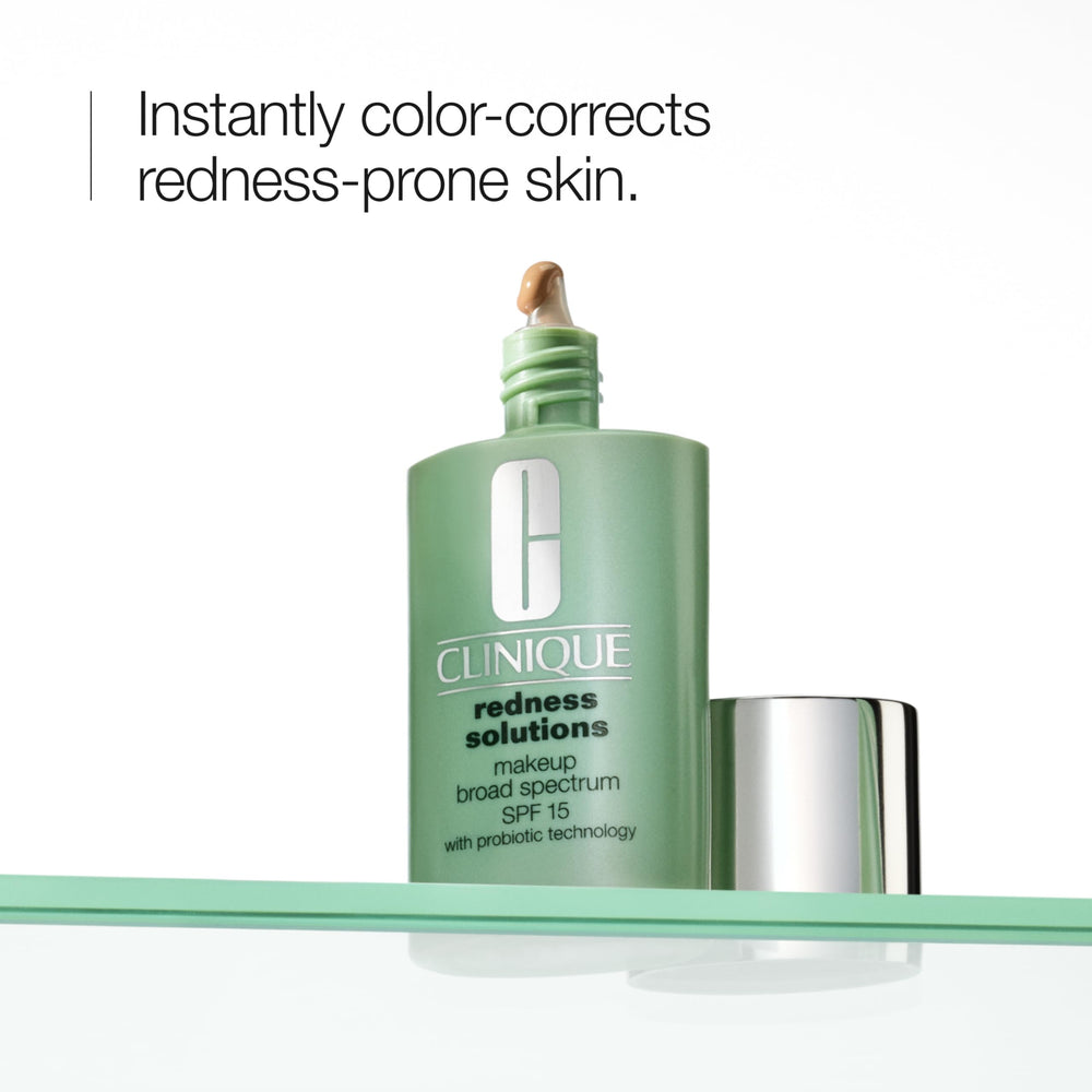Clinique Redness Solutions SPF 15 foundation protecting skin from UVA/UVB rays.