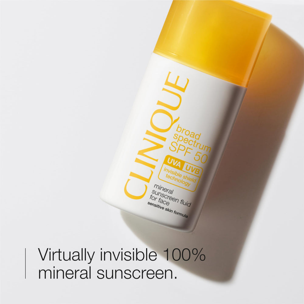 Clinique SPF 50 mineral sunscreen texture on skin shows near invisible finish.