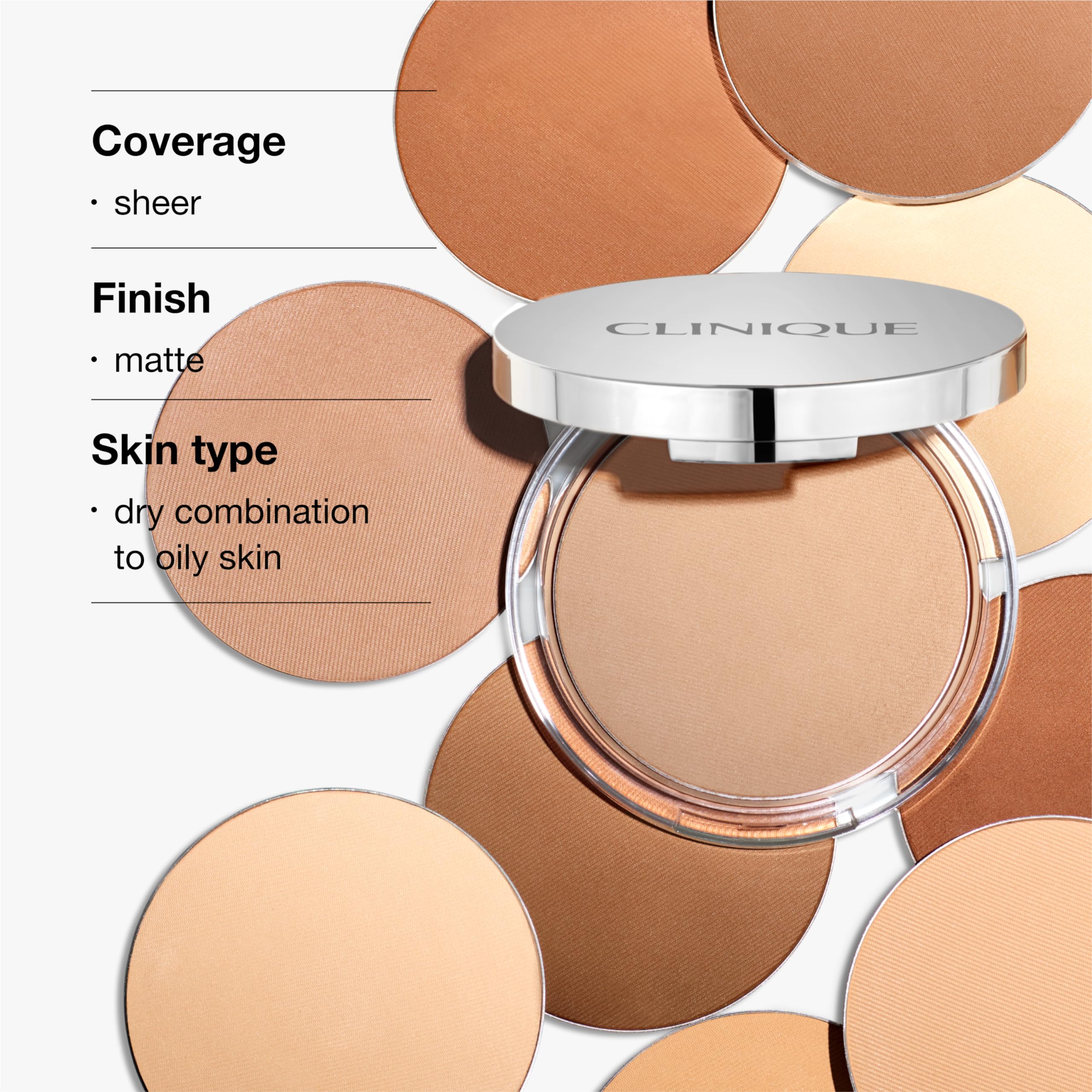 Clinique Stay-Matte Sheer powder closeup highlights natural, weightless texture.