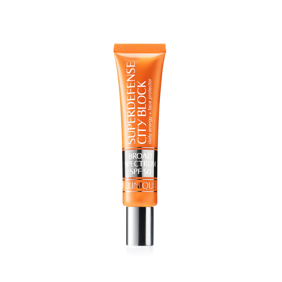 Clinique Superdefense City Block SPF 50 bottle with sheer tint for daily sun protection.