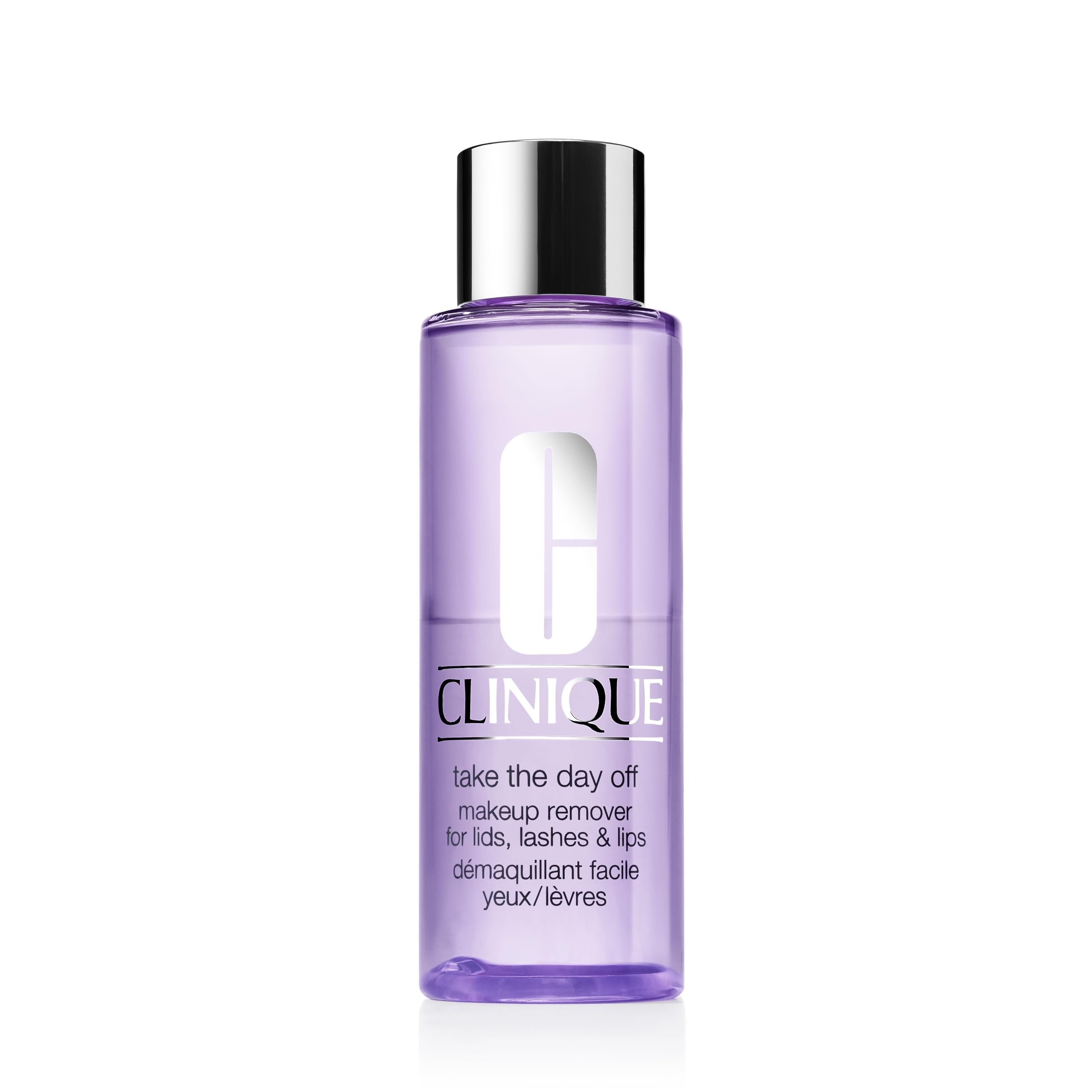 Clinique Take The Day Off bottle close-up highlights oil-free makeup remover for sensitive eyes