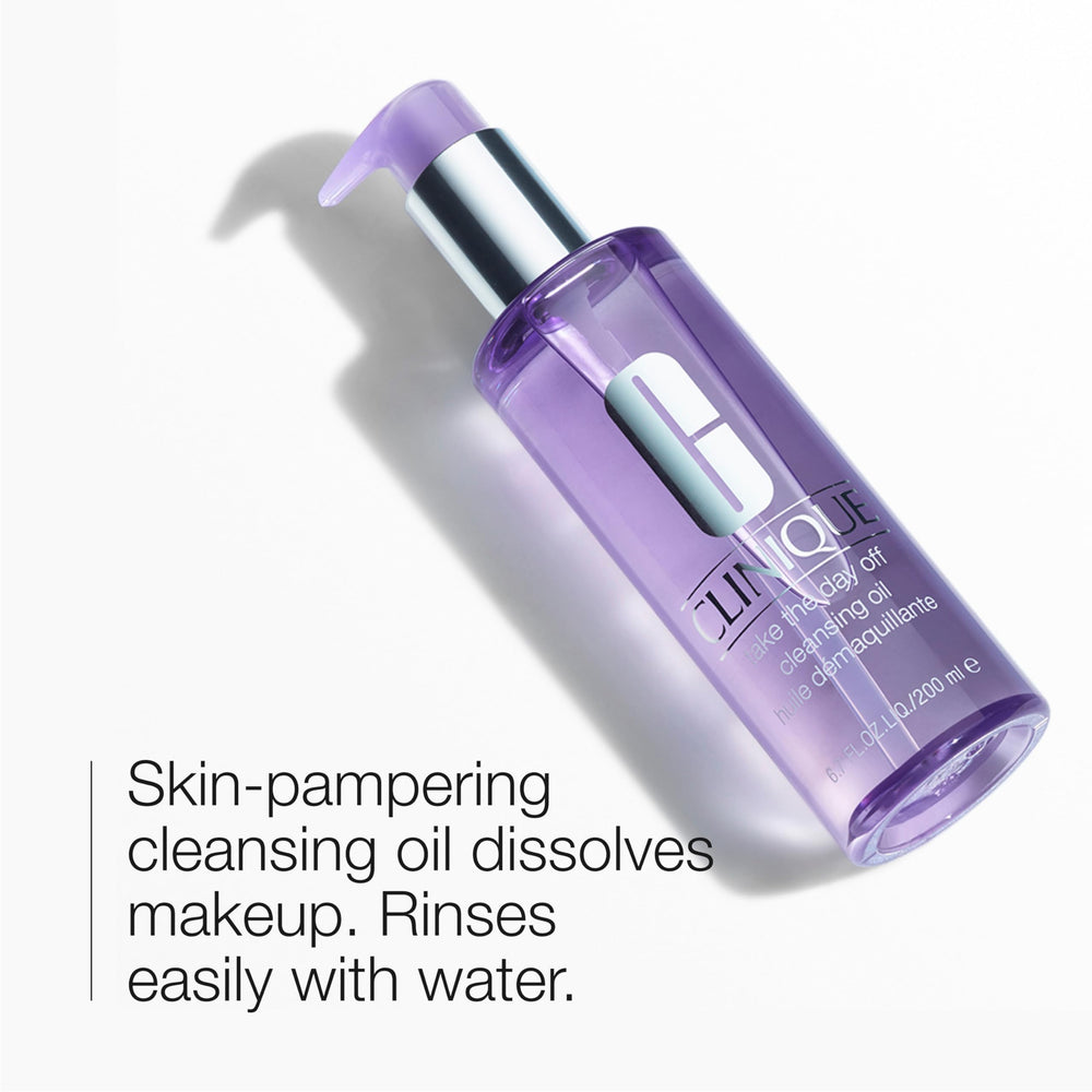 Clinique Take The Day Off cleansing oil pump distributes silky oil for easy makeup removal.