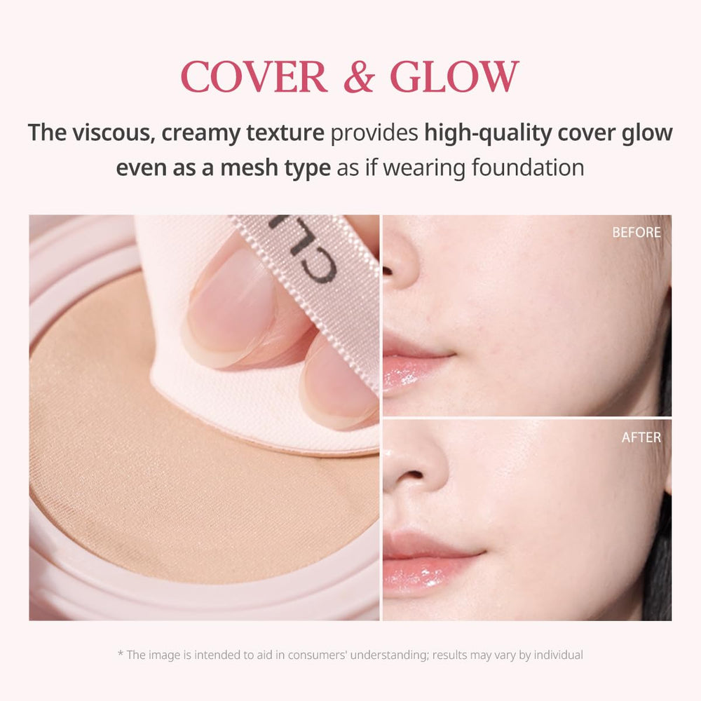 CLIO PROFESSIONAL Kill Cover Mesh Glow Cushion swatches in 21N Linen show natural glow