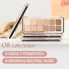 CLIO PROFESSIONAL Pro Eye Palette Air swatches showing versatile matte and shimmer shades.