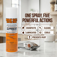 Clippercide spray on clipper blades cleans and reduces heat.
