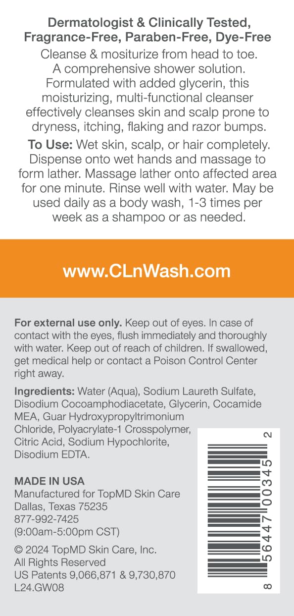 CLn 2-in-1 Gentle Wash bottle label showing hypoallergenic, paraben-free formula