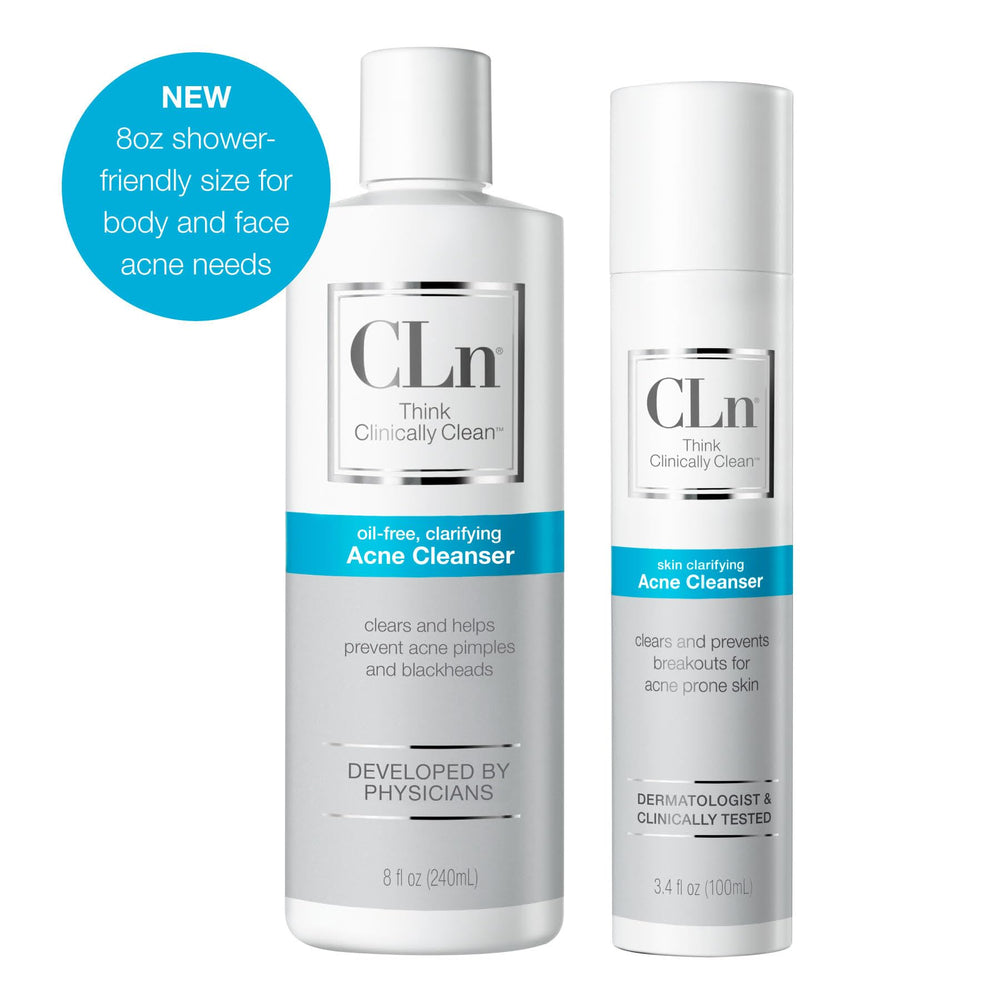 CLn Acne Cleanser bottle label emphasizes fragrance-free formula.