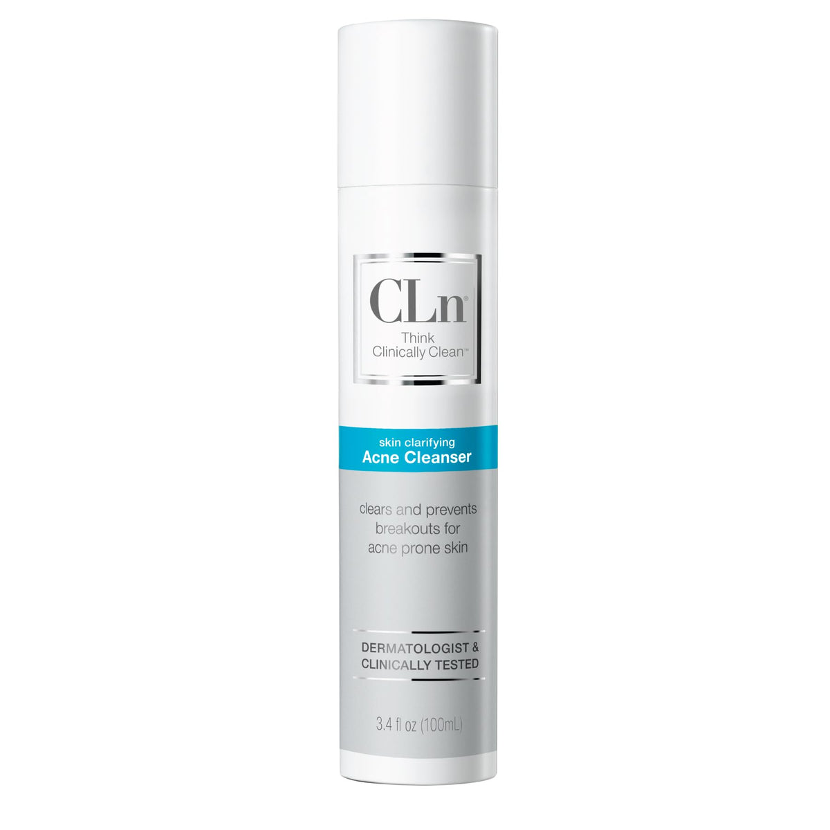 CLn Acne Cleanser bottle pour showing oil-free cleansing for acne-prone skin.