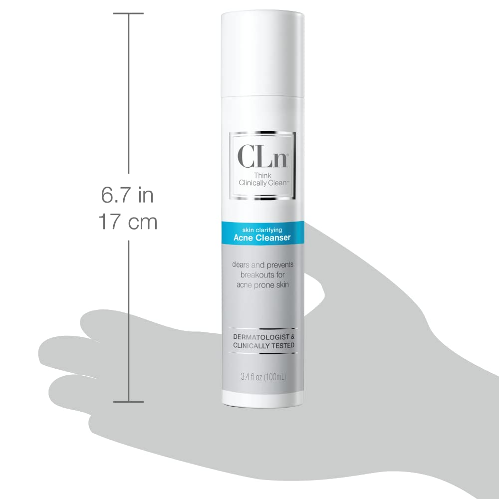 CLn Acne Cleanser fragrance-free packaging emphasizes hypoallergenic, fragrance-free care.