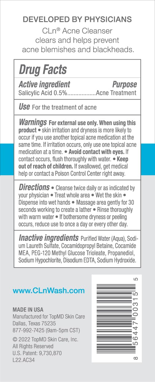CLn Acne Cleanser label-details highlight 0.5% salicylic acid for targeted cleansing.