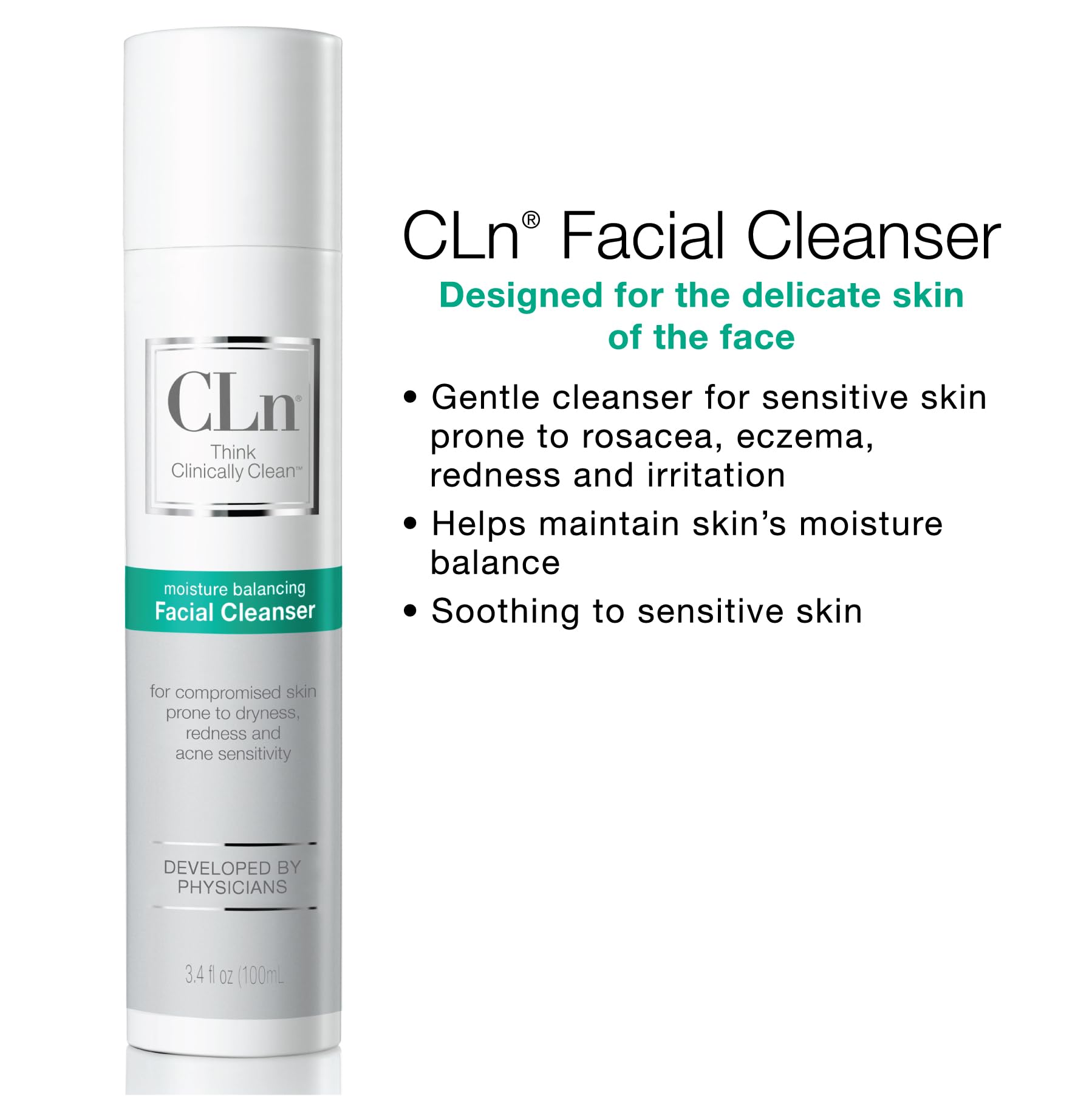 After-use skin closeup with CLn bottle showing smoother, calmer complexion.