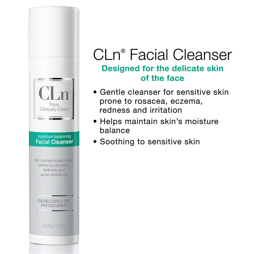 After-use skin closeup with CLn bottle showing smoother, calmer complexion.