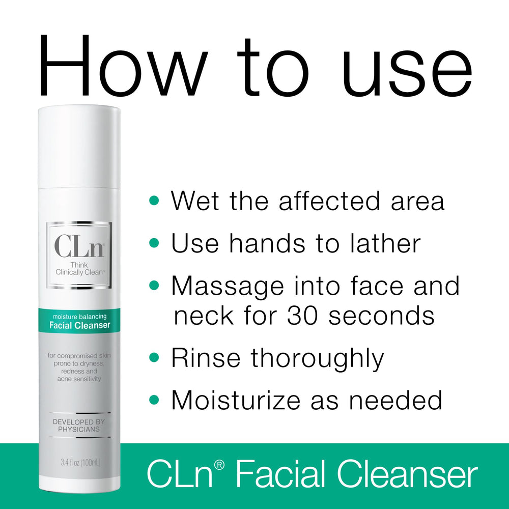 Clinician-recommended CLn cleanser bottle in hand for bedside skincare routines.