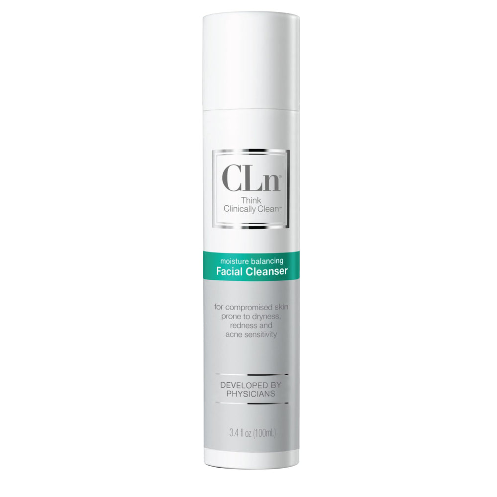 CLn facial cleanser bottle front highlighting fragrance-free hydration for sensitive skin.