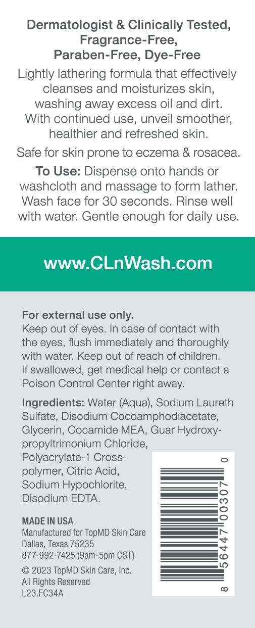 CLn facial cleanser bottle with pump closeup showing gentle gel texture.
