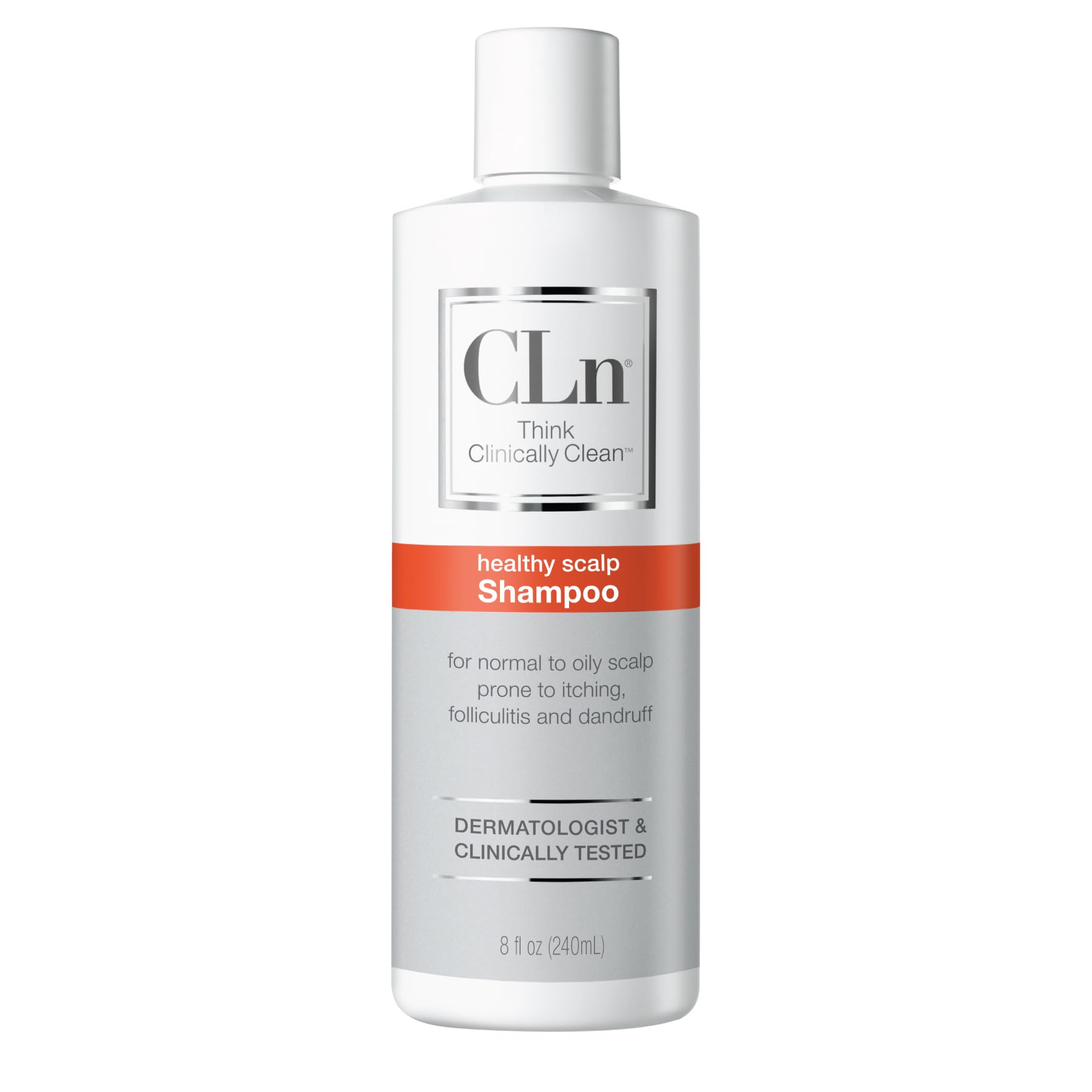CLn Shampoo bottle pour shows easy application for a clarifying cleanse on an oil-prone scalp.