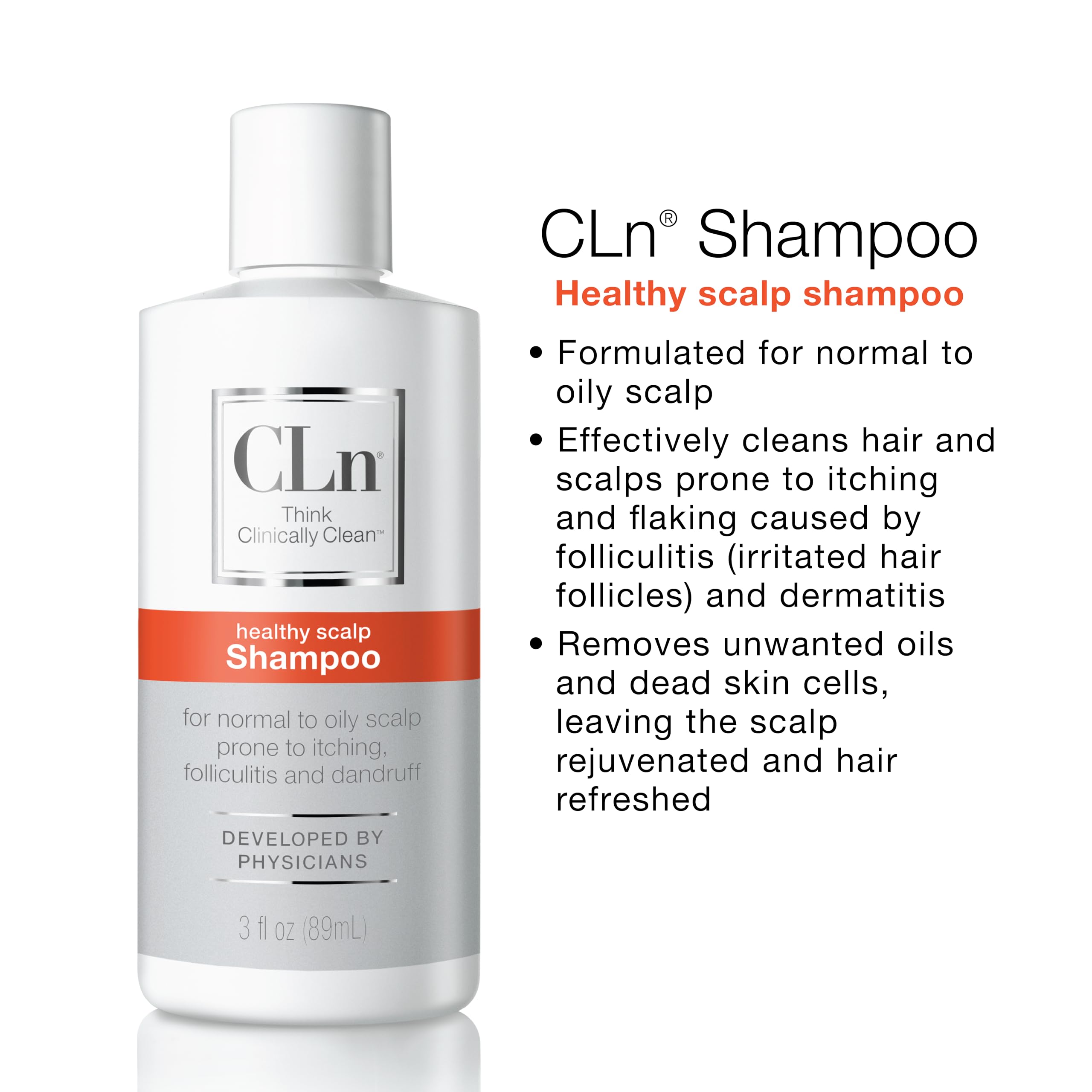 CLn Shampoo envase de diseño clínico transmite confianza en el cuidado capilar