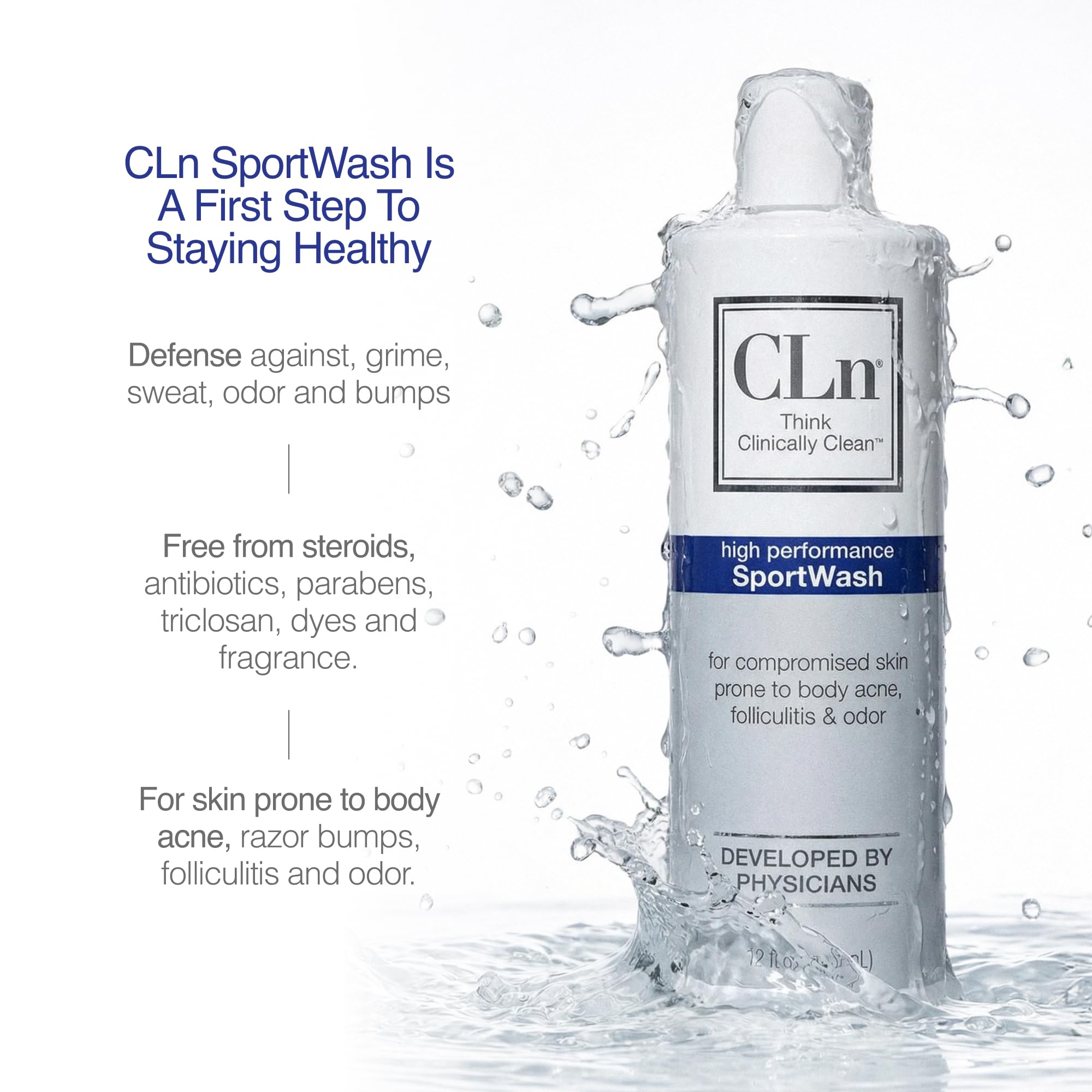 CLn SportWash after workout rinse for quick, thorough refreshment of skin, hair, and nails.