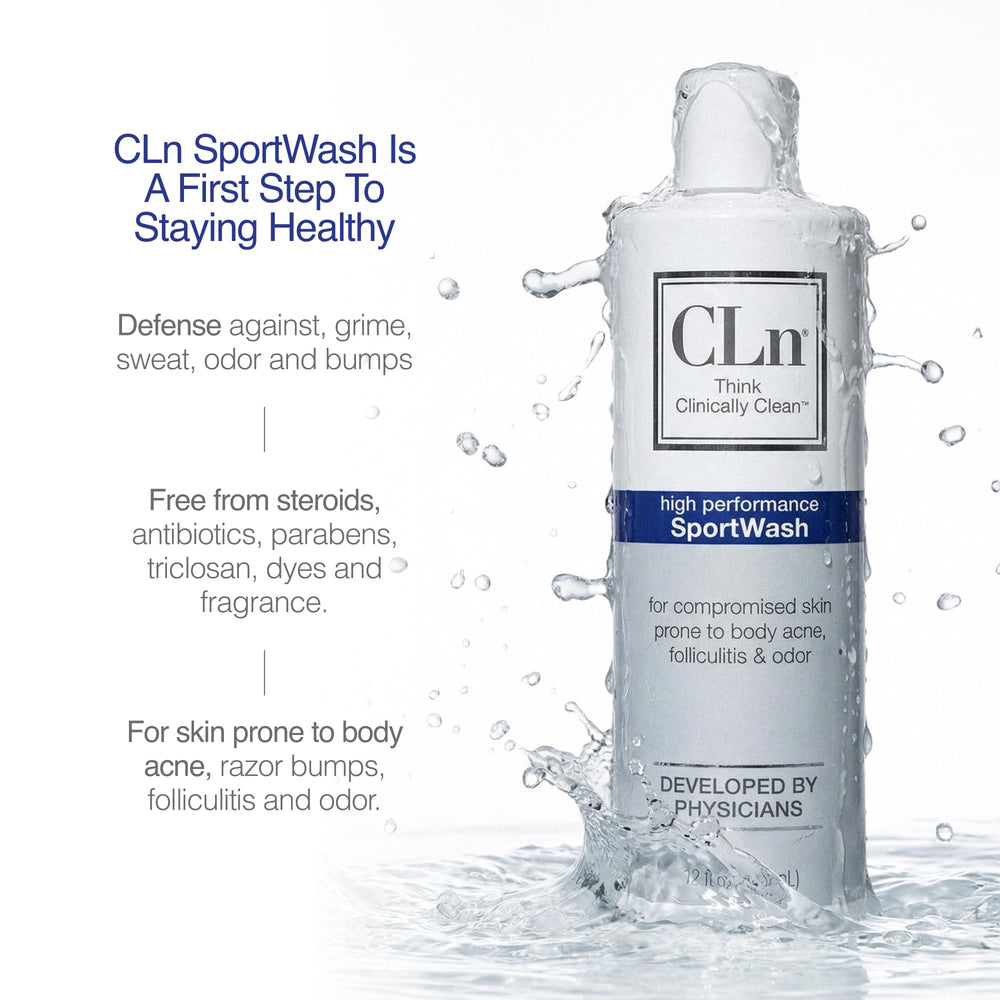 CLn SportWash after workout rinse for quick, thorough refreshment of skin, hair, and nails.
