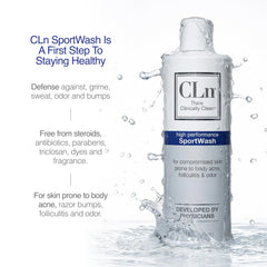CLn SportWash after workout rinse for quick, thorough refreshment of skin, hair, and nails.