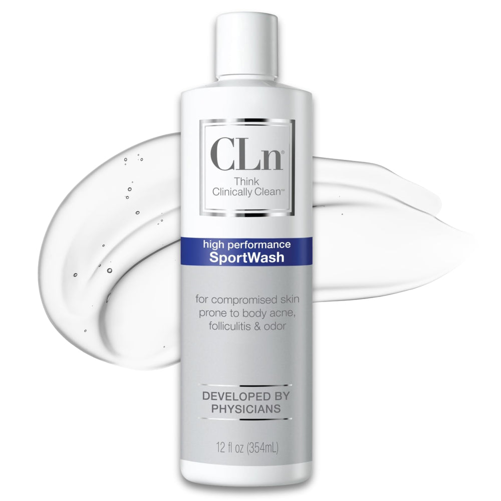CLn SportWash bottle pour shows fragrance-free formula for odor-prone athletes.