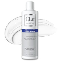 CLn SportWash bottle pour shows fragrance-free formula for odor-prone athletes.