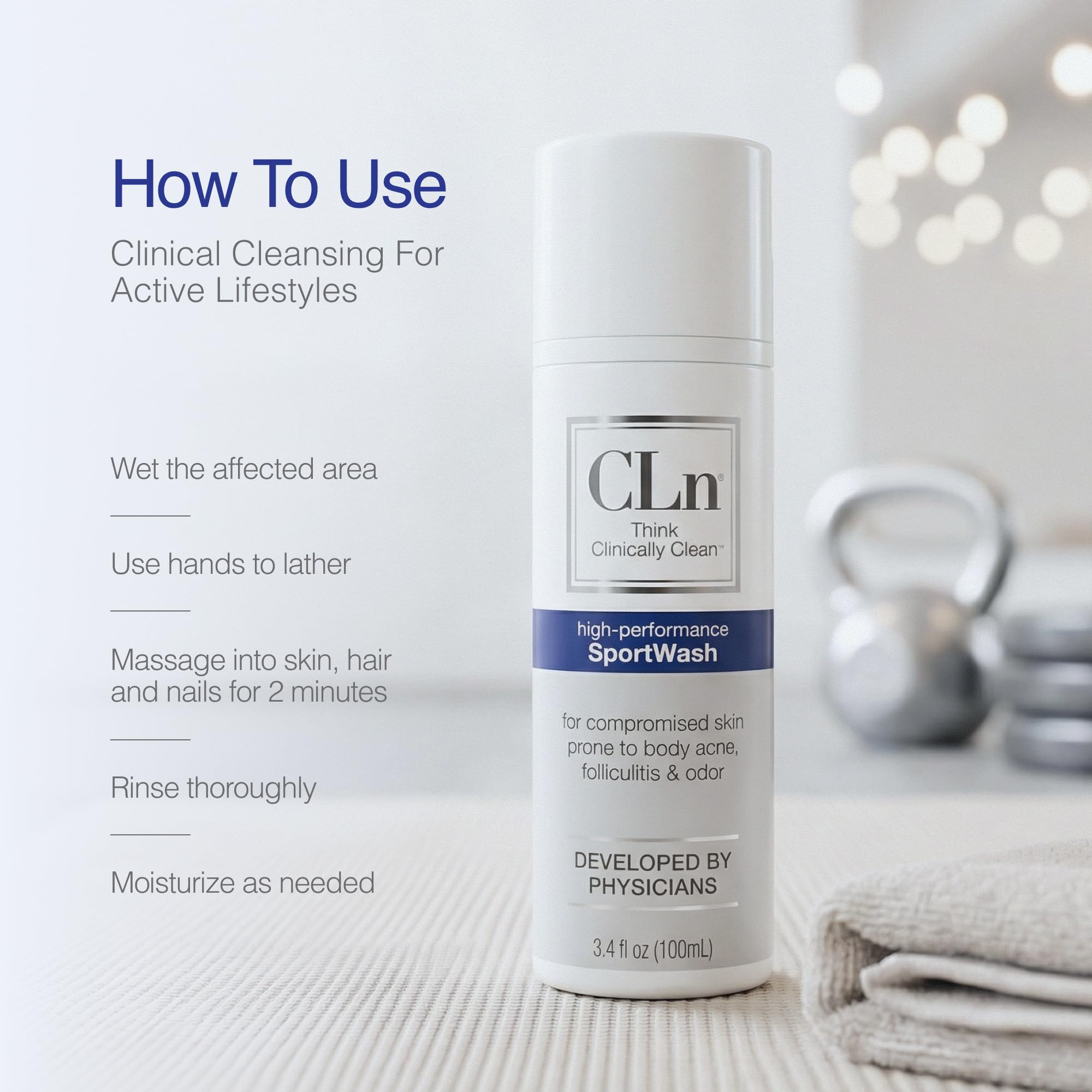 CLn SportWash gym setup scene promotes a hygienic routine for shared equipment.
