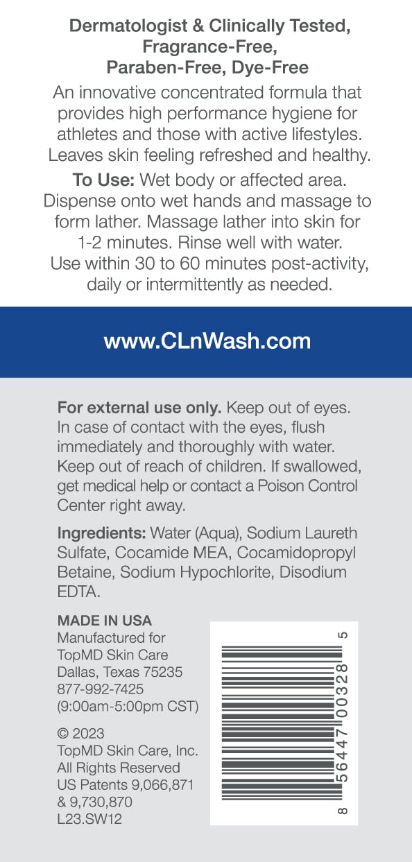 CLn SportWash label close-up highlights hypoallergenic, paraben-free design for sensitive skin.