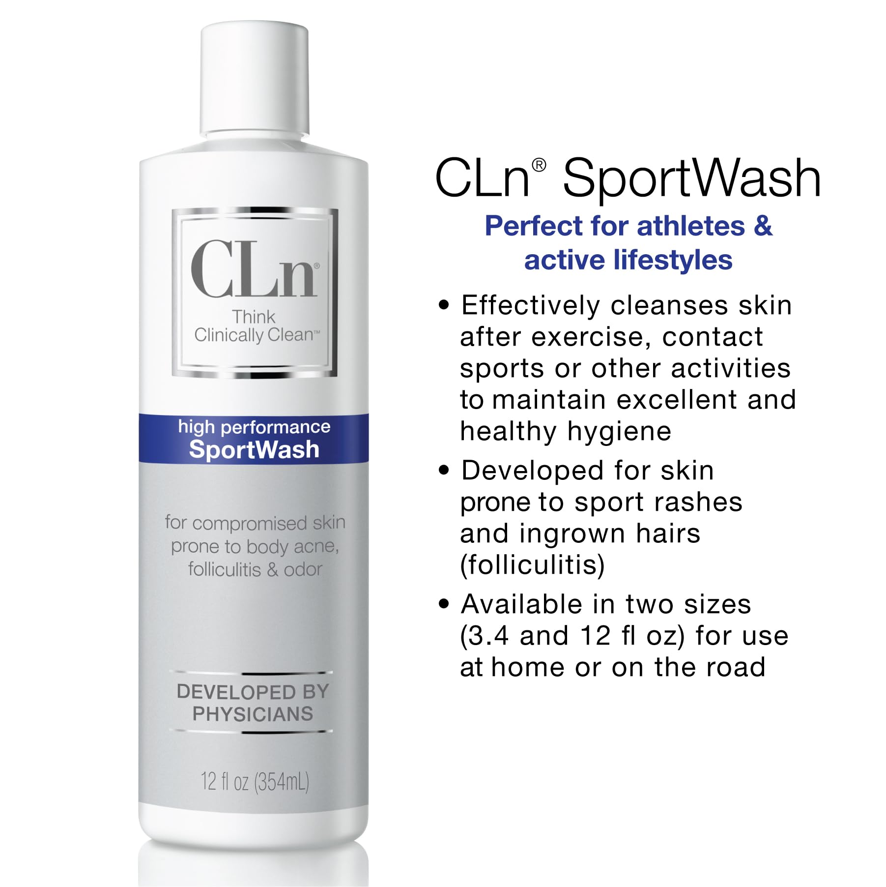CLn SportWash packaging hypoallergenic design conveys fragrance-free irritant-free care.