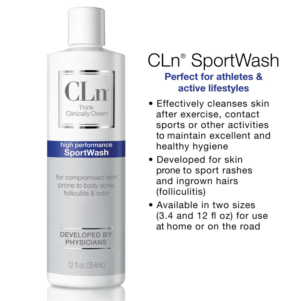 CLn SportWash packaging hypoallergenic design conveys fragrance-free irritant-free care.