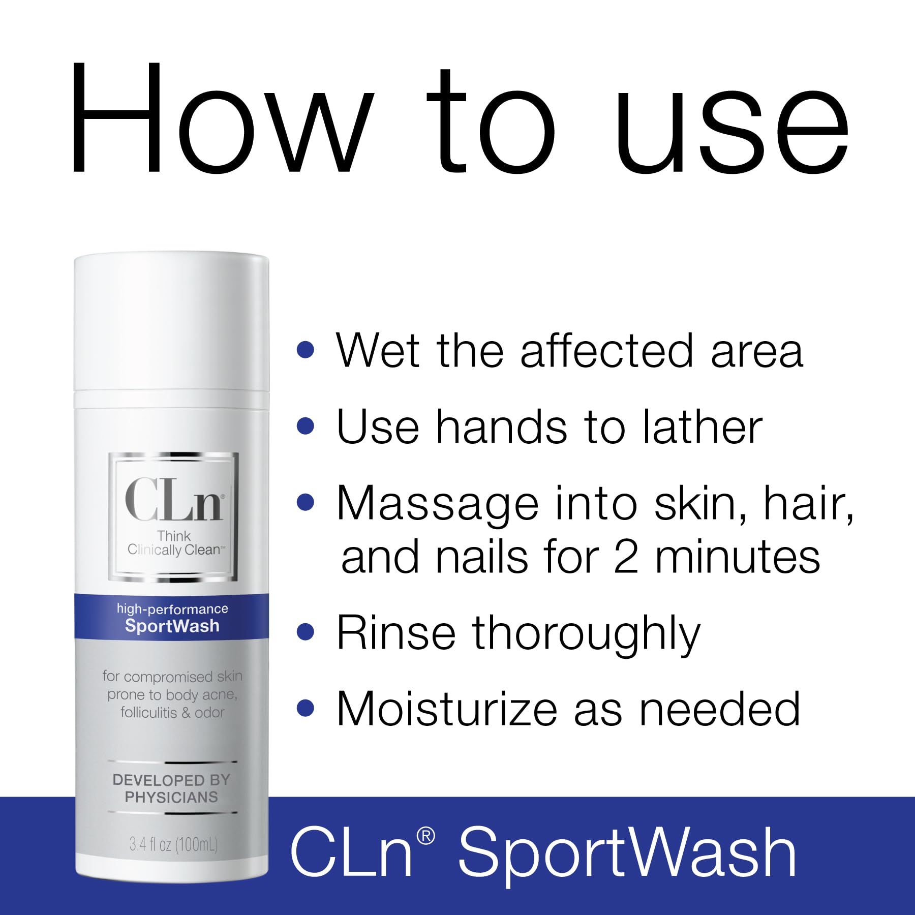 CLn SportWash shower-scene communicates fragrance-free, hypoallergenic care after gym sessions.