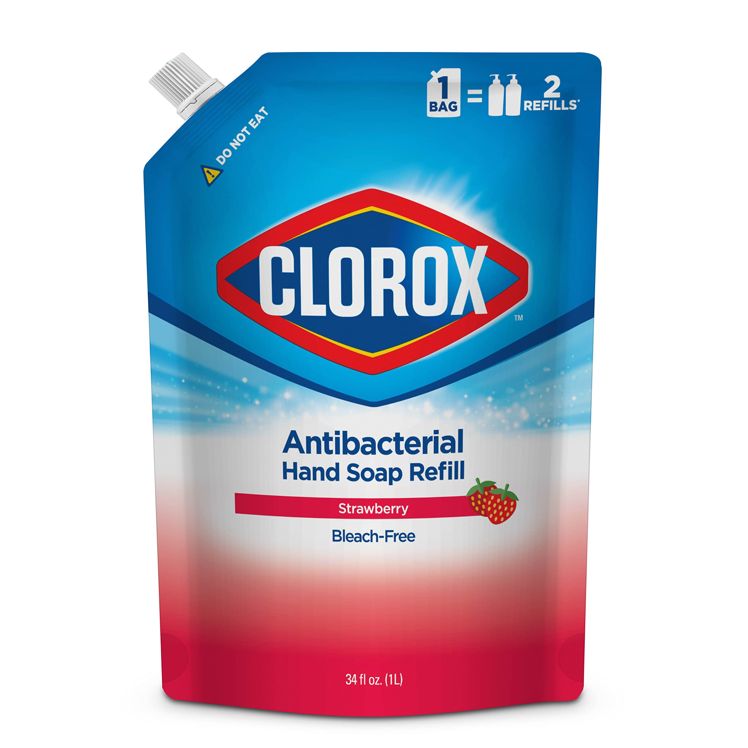 Clorox hand soap refill pouring into a dispenser with strawberry scent.
